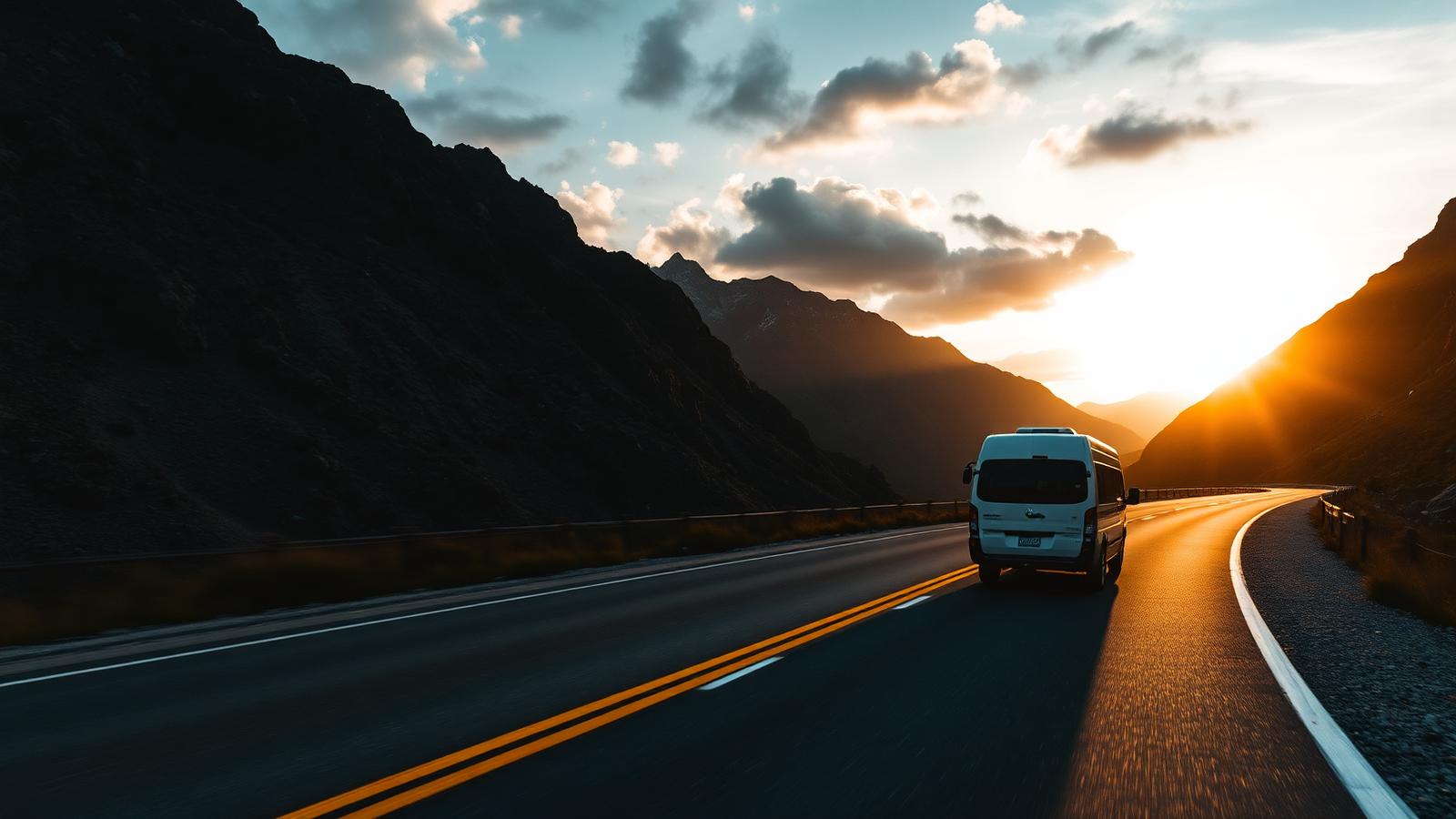 Van percorrendo uma estrada de montanha ao pôr do sol